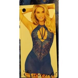 Escante Sexy Strappy Lace Mesh Halter Chemise G-String Set Royal Blue Medium